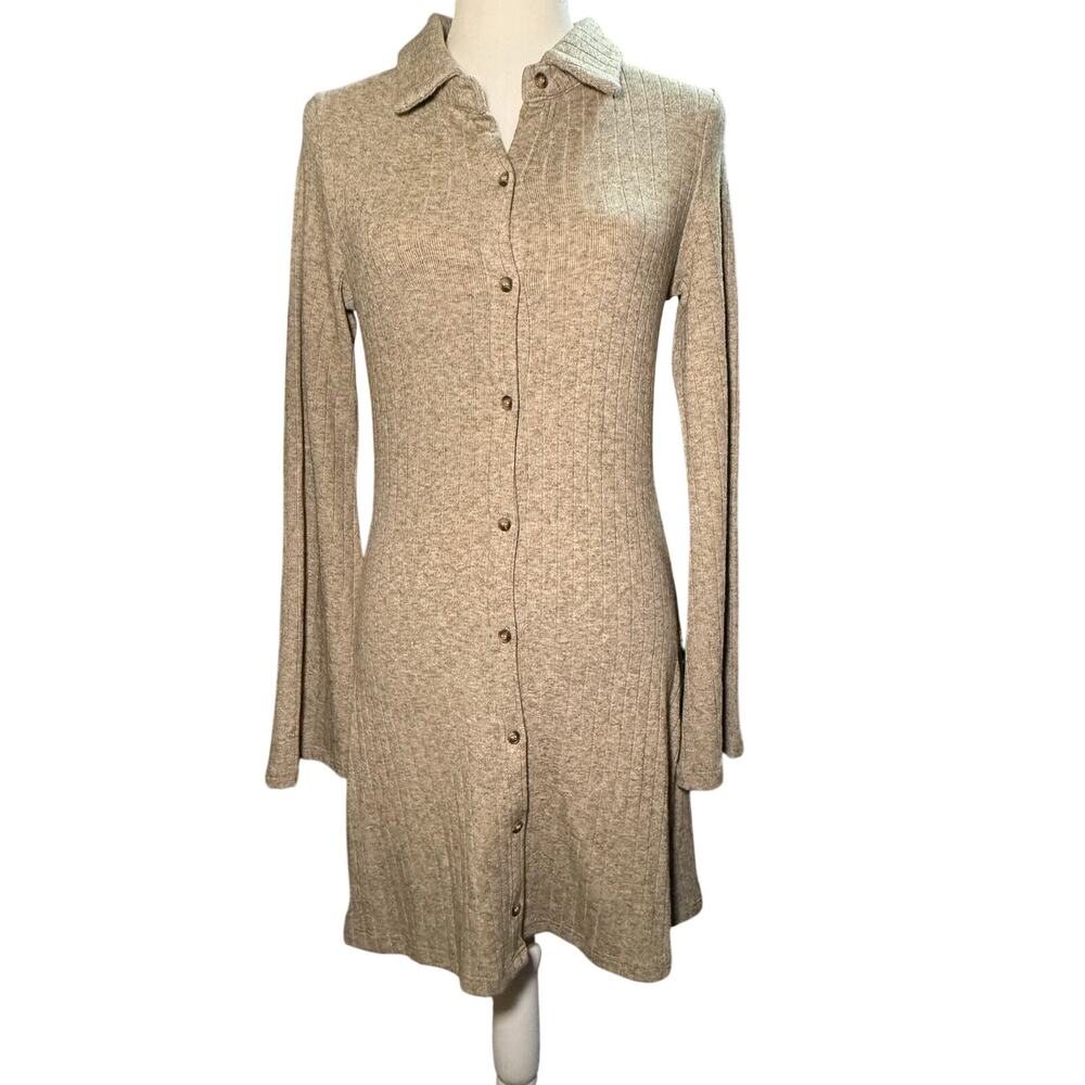Lulus Heathered Gray Taupe Ribbed Knit Button Front Sweater Dress, Medium, NWT